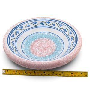 Vintage Hand Painted Ceramic Serving Bowl 9.25" Pink Blue Aqua Green Unmarked